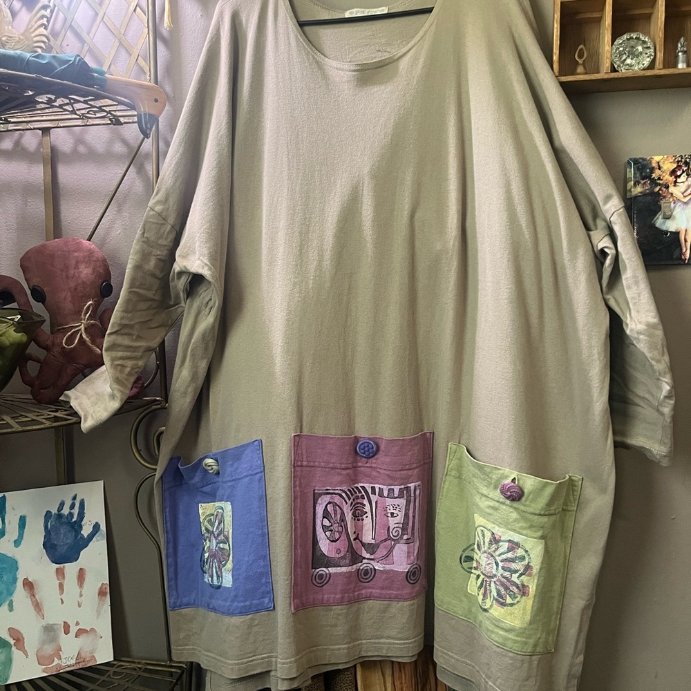 Two piece set Vintage Blue Fish 3 pocket tunic and pocket vest